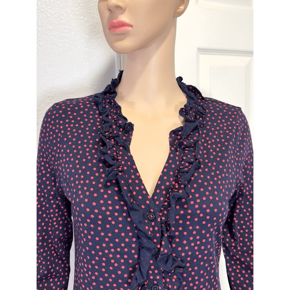 Boden Women’s US 4 Navy Red Polka Dot Ruffle Button Front Blouse Top Modal Blend - Picture 3 of 10